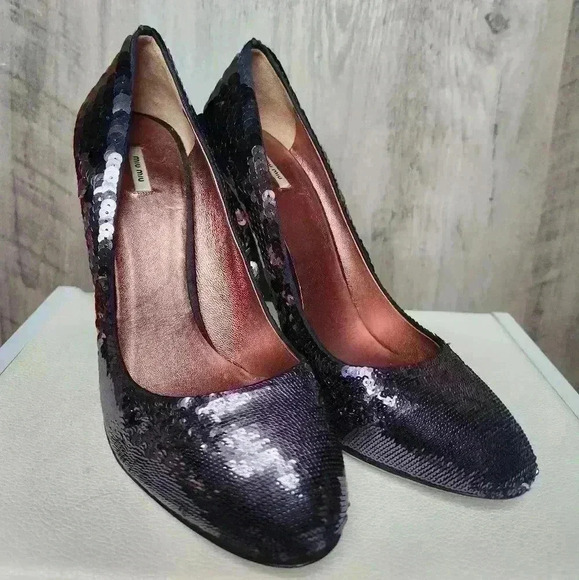 Miu Miu Purple Sequin High Heels Round  Toe Paillettes Pump Size 9.5 AUTHENTIC - Picture 4 of 16